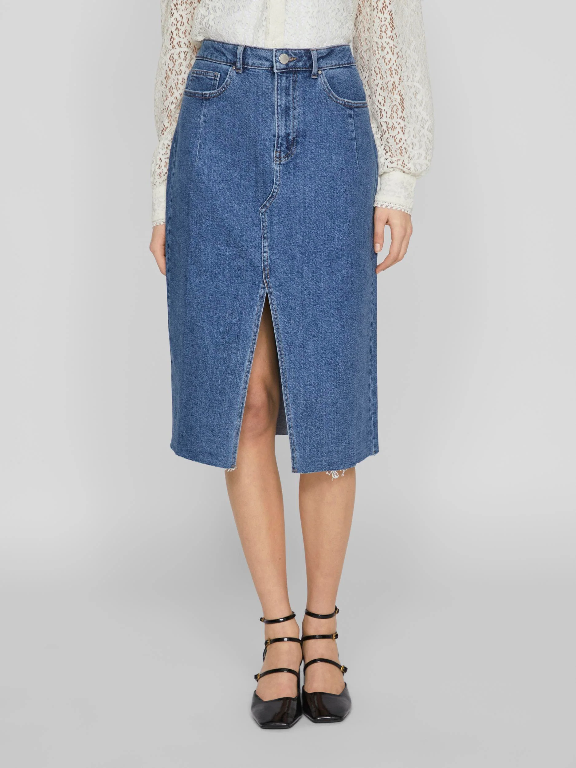 Vila  Visol RW Midi Slit denimnederdel - Medium Blue Denim