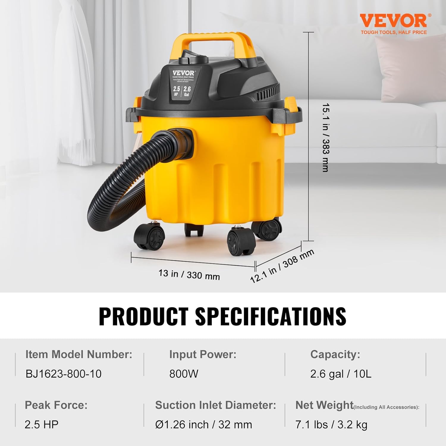 VEVOR Aspirateur eau et poussière 10 L, aspirateur d'atelier sec humide portable léger, 2,5 CV max, aspiration et soufflerie efficaces avec buse, roulettes, pour tapis, débris, poils d'animaux, jaune : Cuisine et Maison