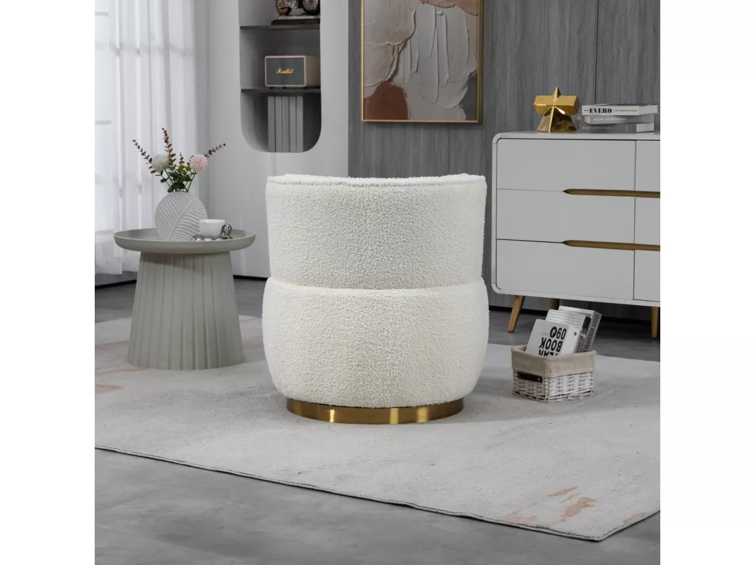 Fauteuil pivotant ronde en tissu bouclette blanc - dossier ergonomique - max 150kg - 62.5x62.5x69.5cm