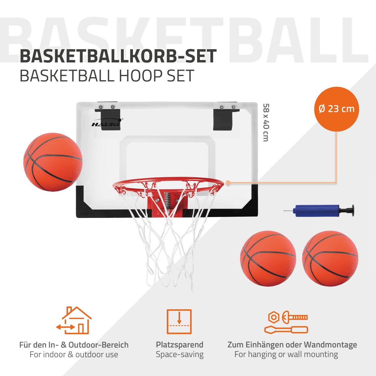 Hauki Mini Basketbalring voor gebruik in de kamer, Set bevat 3 ballen (Ø16 cm), Net, Pomp, 58x40 cm, Wit, Draagbaar, Backboard voor deur-/muurmontage, Geen boren vereist, Hangende basketbalring voor binnen, Hangend basketbalbackboard
