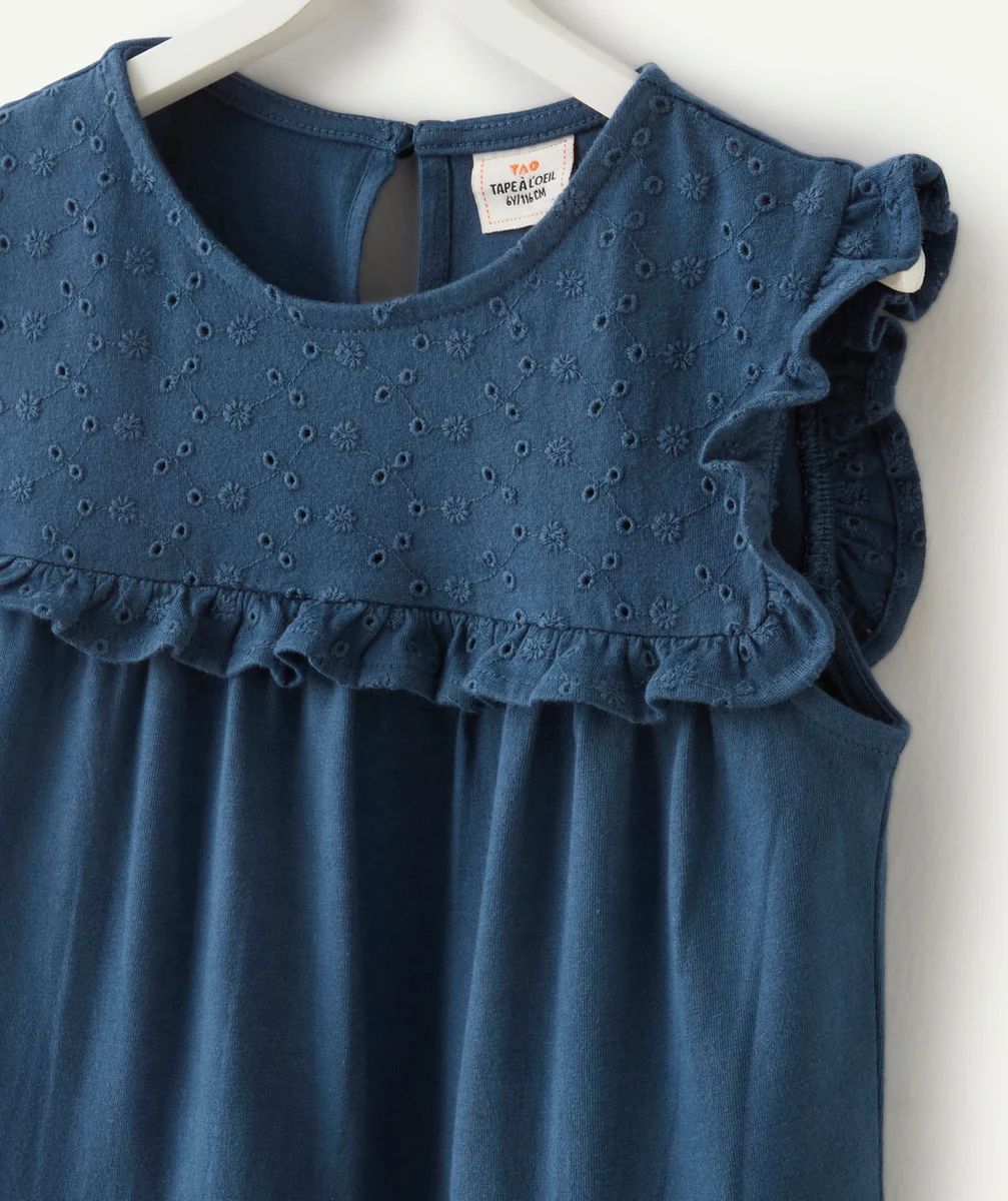 ROBE EN MAILLE FILLE EN COTON BLEUE AVEC VOLANTS ET BRODERIES