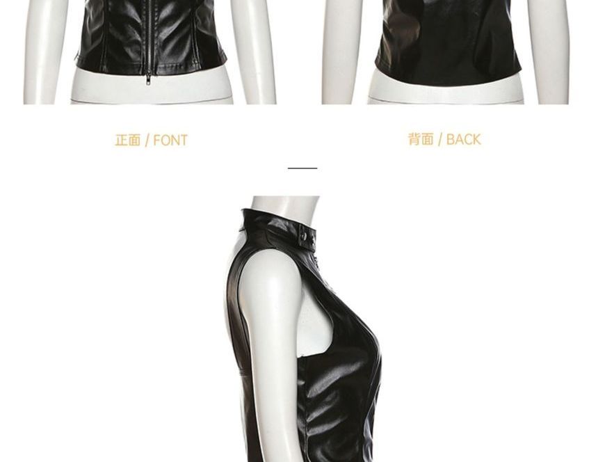 Bababy - Mock Neck Plain Faux Leather Crop Tank Top met Ritssluiting