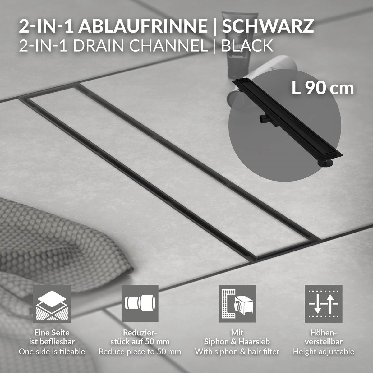 LuxeBath Doucheafvoer 90 cm 2-in-1, betegelbaar, extra vlak, RVS, zwart, dubbelzijdige vloerafvoer, complete vloerinbouwset, doucheafvoer, sifon met stankafsluiter, haarzeef, douchegoot
