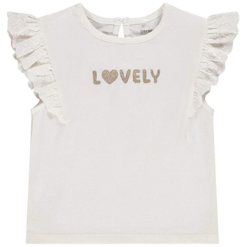 T-shirt manches courtes volantées en jersey avec print glitter pour bébé fille - Ecru