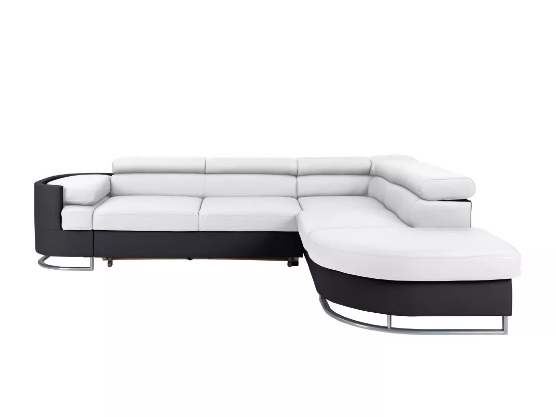 Canapé d'angle droit convertible en simili blanc et noir MYSEN II