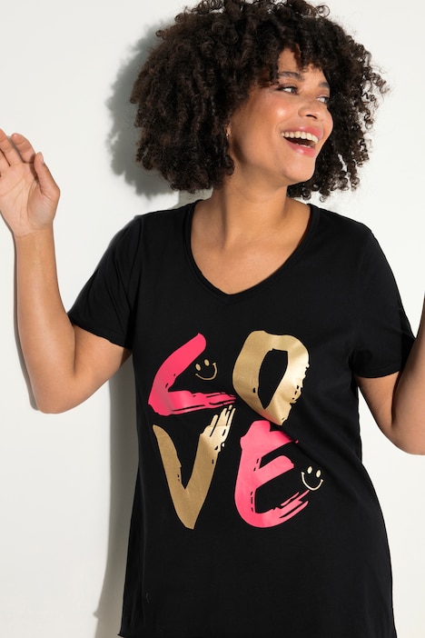 T-Shirt, LOVE-Schriftzug, V-Ausschnitt, Halbarm