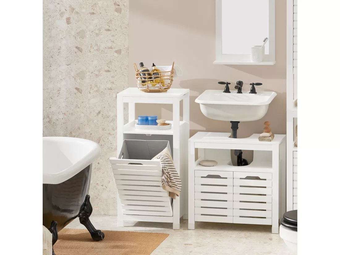 Meuble Bas De Salle De Bain Avec 1 Panier Corbeille À Linge Coffre À Linge, BZr67-w