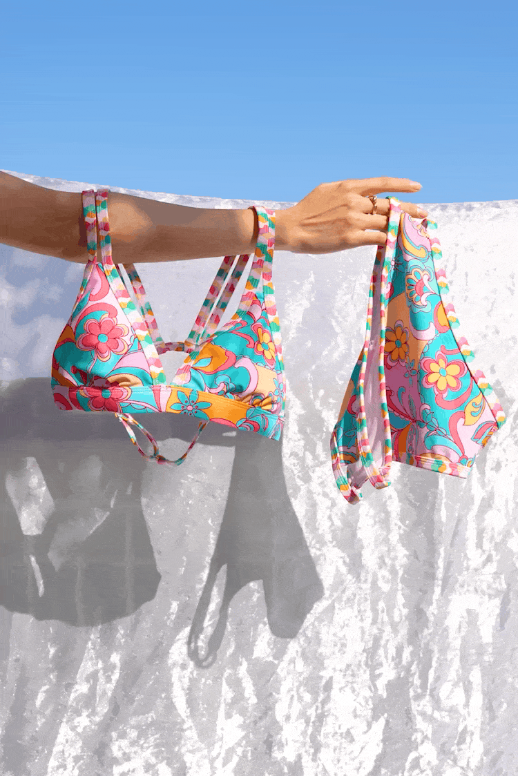 Bikini avec col en V à bretelles et rayures découpé boho
