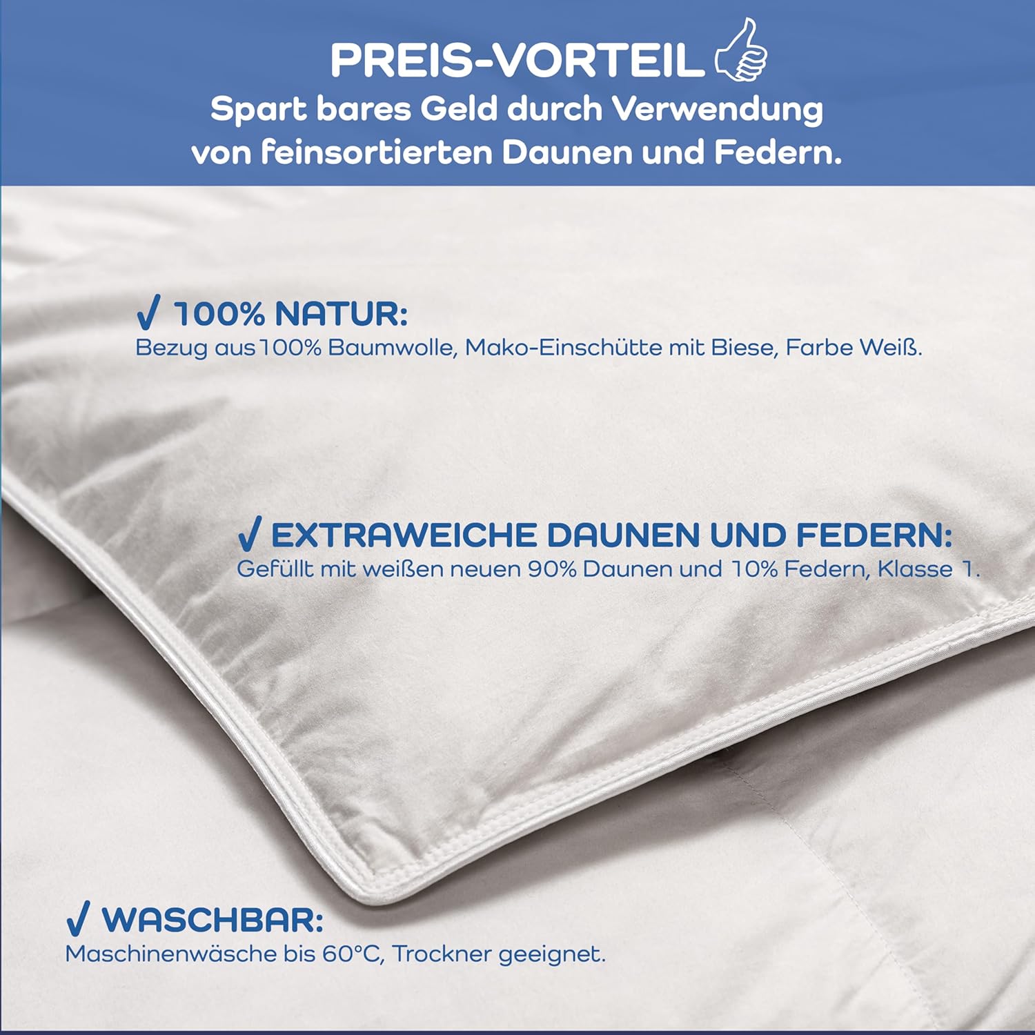 LINEA by böhmerwald - comfort - kuschlige Daunendecke warm, 135x200, 90% Daunen / 10% Federn Klasse 1, Allergiker geeignet, waschbar bis 60 °C, in Deutschland produziert, Weiß