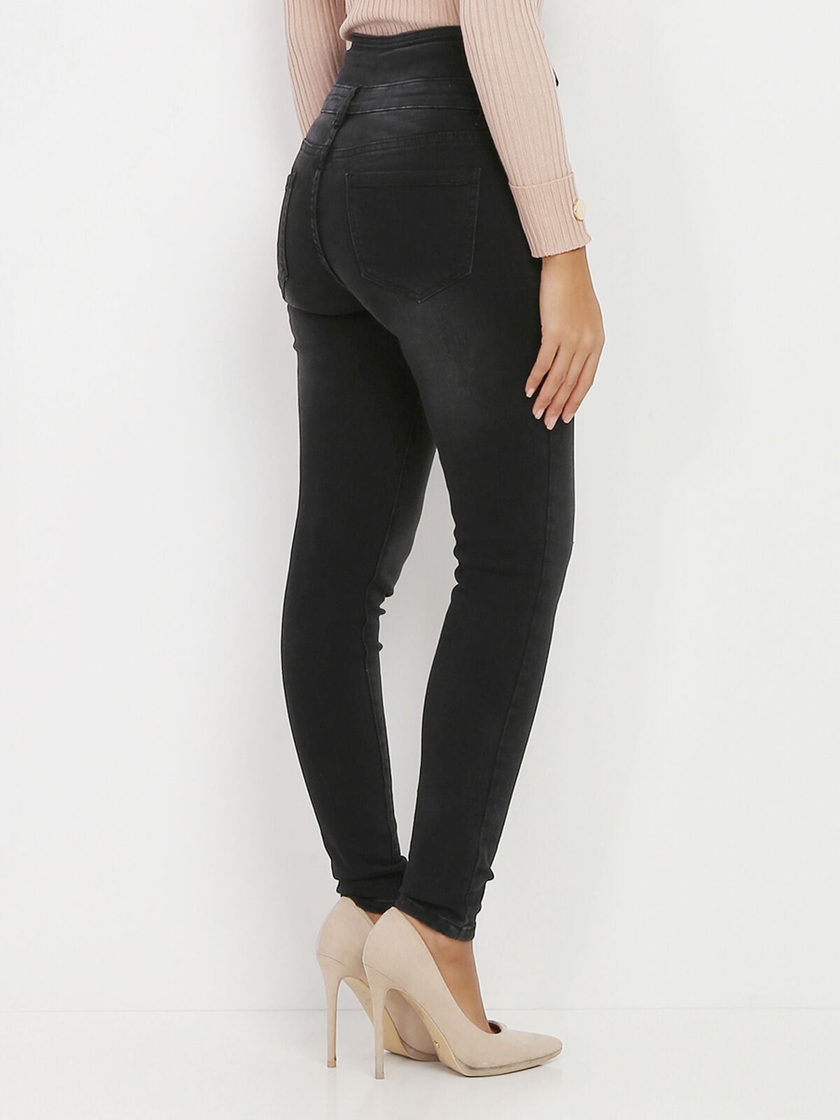 Jeans skinny délavé à taille haute- Gris