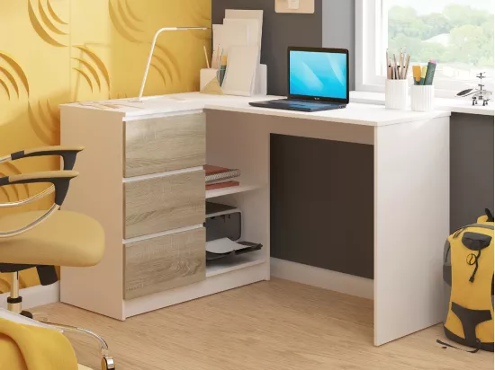 Bureau AKORD d'angle gauche B16 Blanc 124 cm 3 tiroirs façade Chêne Sonoma 2 étagères 124x85x77 cm