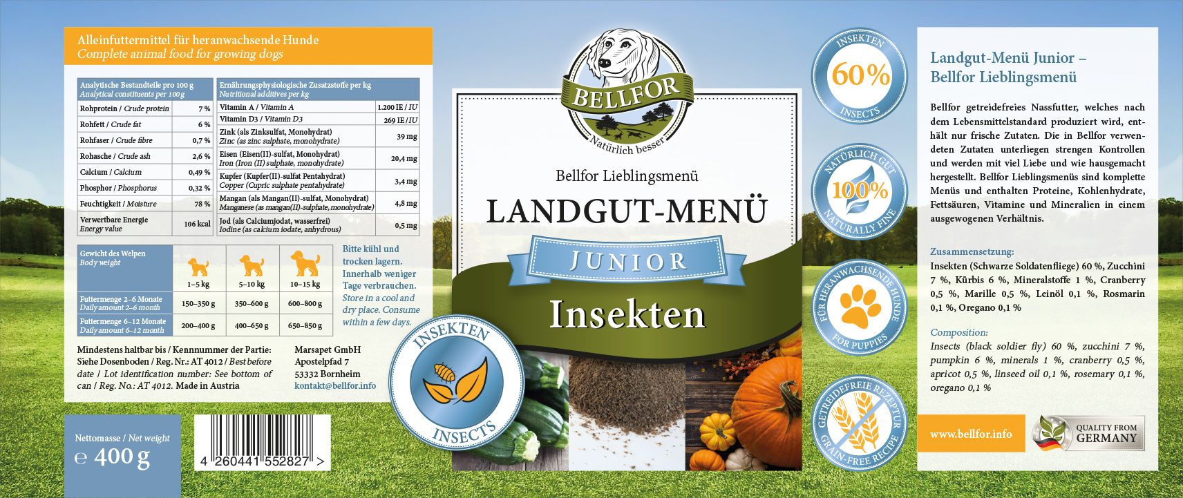 Bellfor Hypoallergenes Hundefutter Nass mit Insekten für Welpen - Landgut-Menü Junior