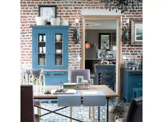 Haut De Buffet 2 Portes Vitrées Bois Bleu - Brocante Interior's