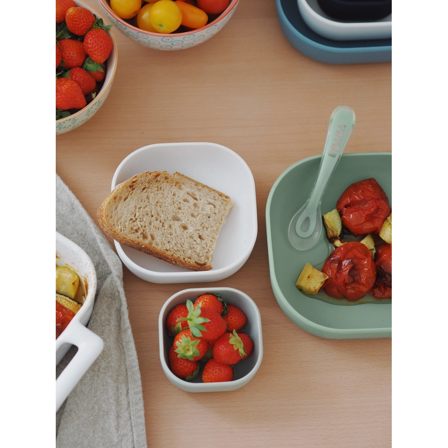 BEABA® Schüssel-Set 3tlg., SalbeigrünCottonhellgrau aus Silikon