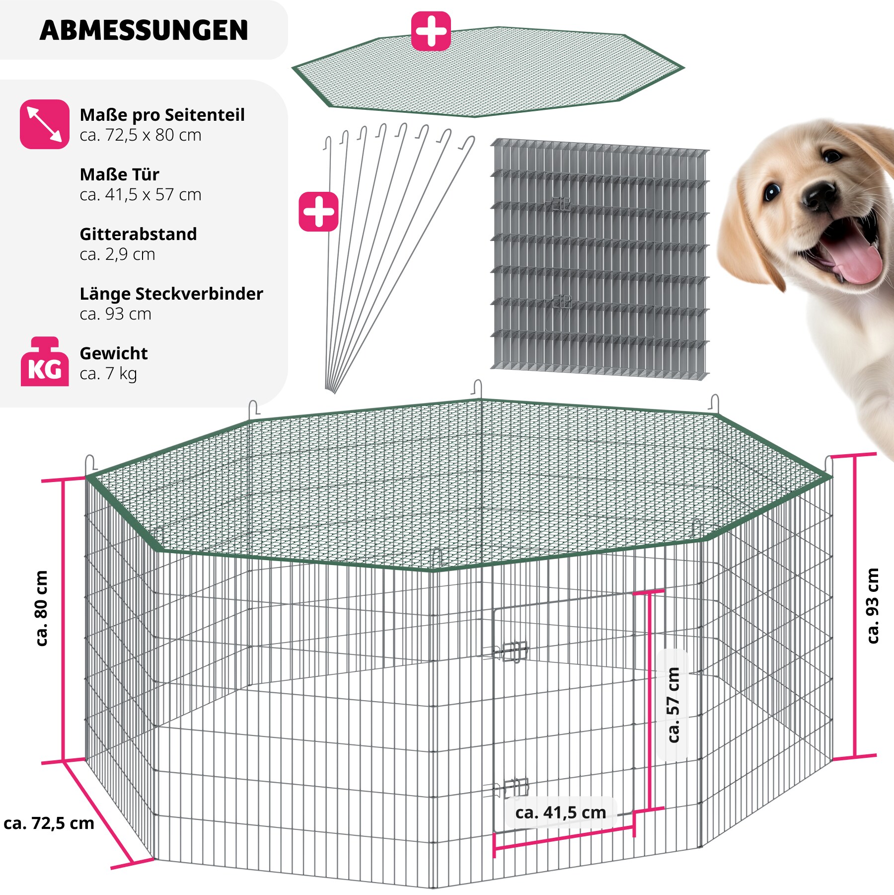 tectake® Freilaufgehege , aus 8 Gitterelementen, große Tür mit Doppelverriegelung, Ø 204 x 93 cm