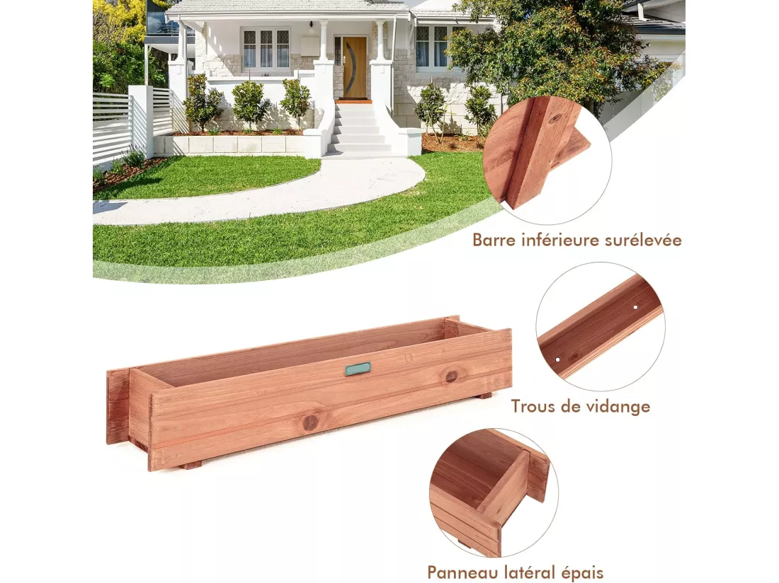 Jardinière Rectangulaire en Bois de SaBois, Lit de Jardin Surélevé Imperméable pour Culture Fruits Légumes, pour Jardin Patio Balcon, 90 x 18 x 15 cm