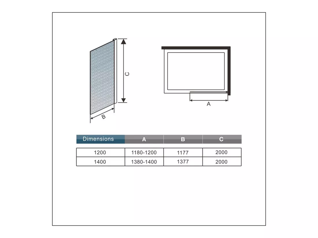 Paroi de douche à l'italienne 140x200cm - 8mm verre trempé sablé - Avec barre de fixation 140cm recoupable