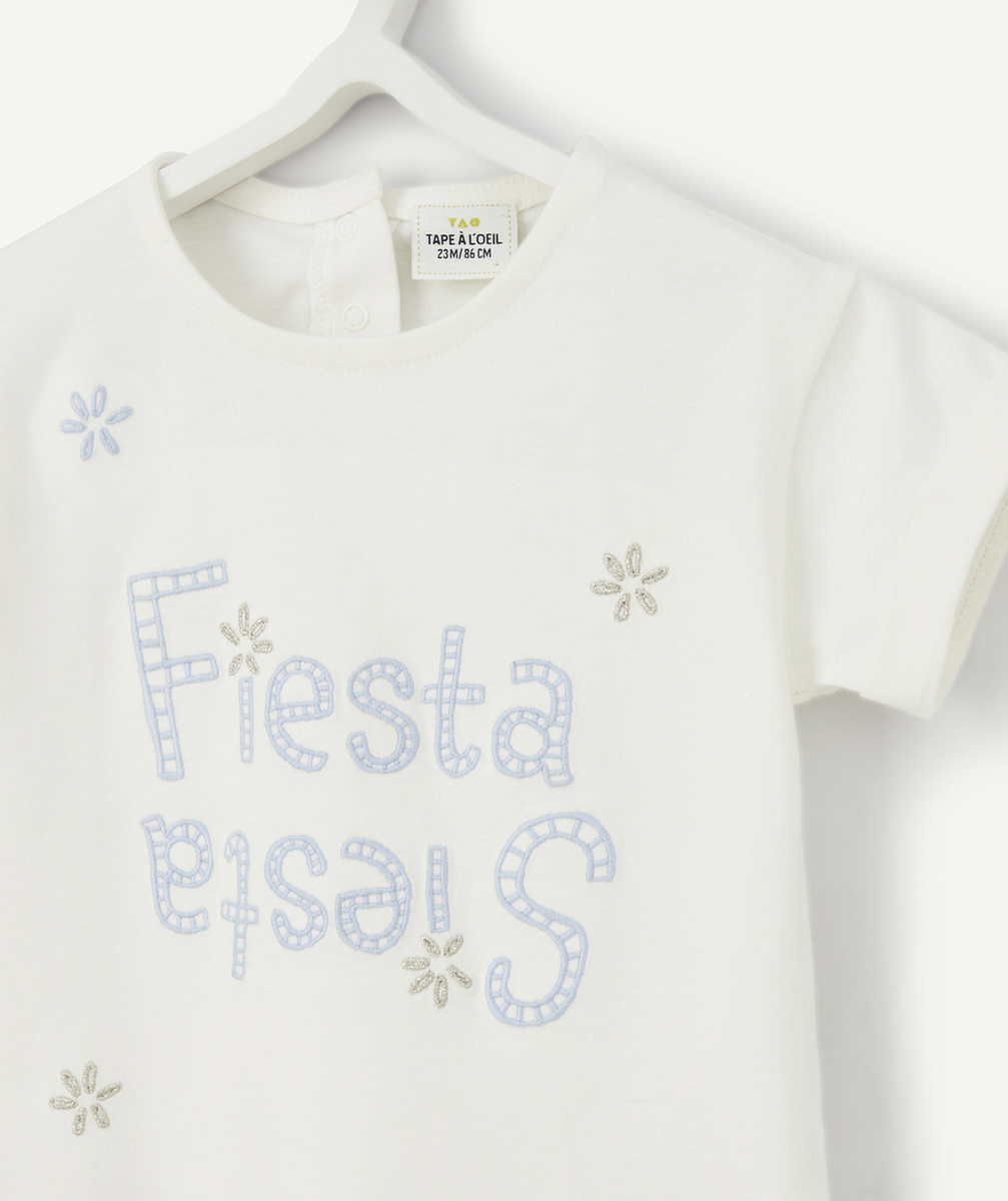 T-SHIRT BÉBÉ FILLE EN COTON BIOLOGIQUE BLANC AVEC MESSAGE BRODÉ