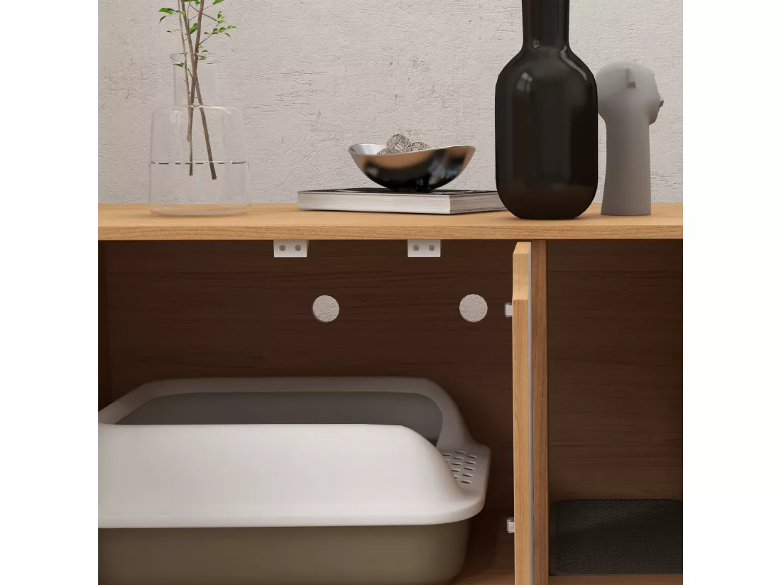 Maison de toilette pour chat style scandinave - meuble cache litière - portes, aérations, tapis de fuite - naturel blanc
