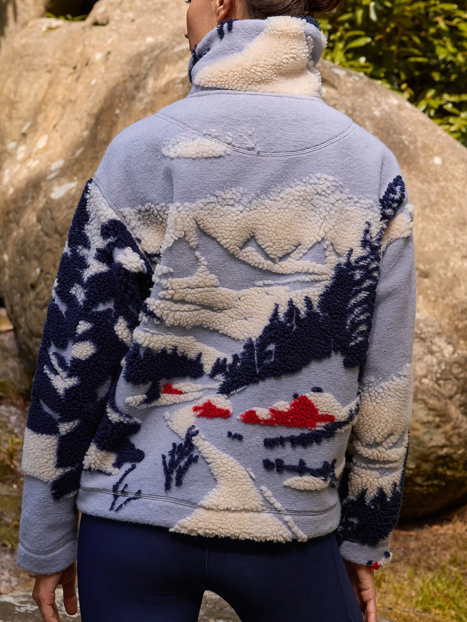 Blauwe grafische winterlandschap - Soft Touch Knusse Teddy Borg Kwartrondrits Fleece