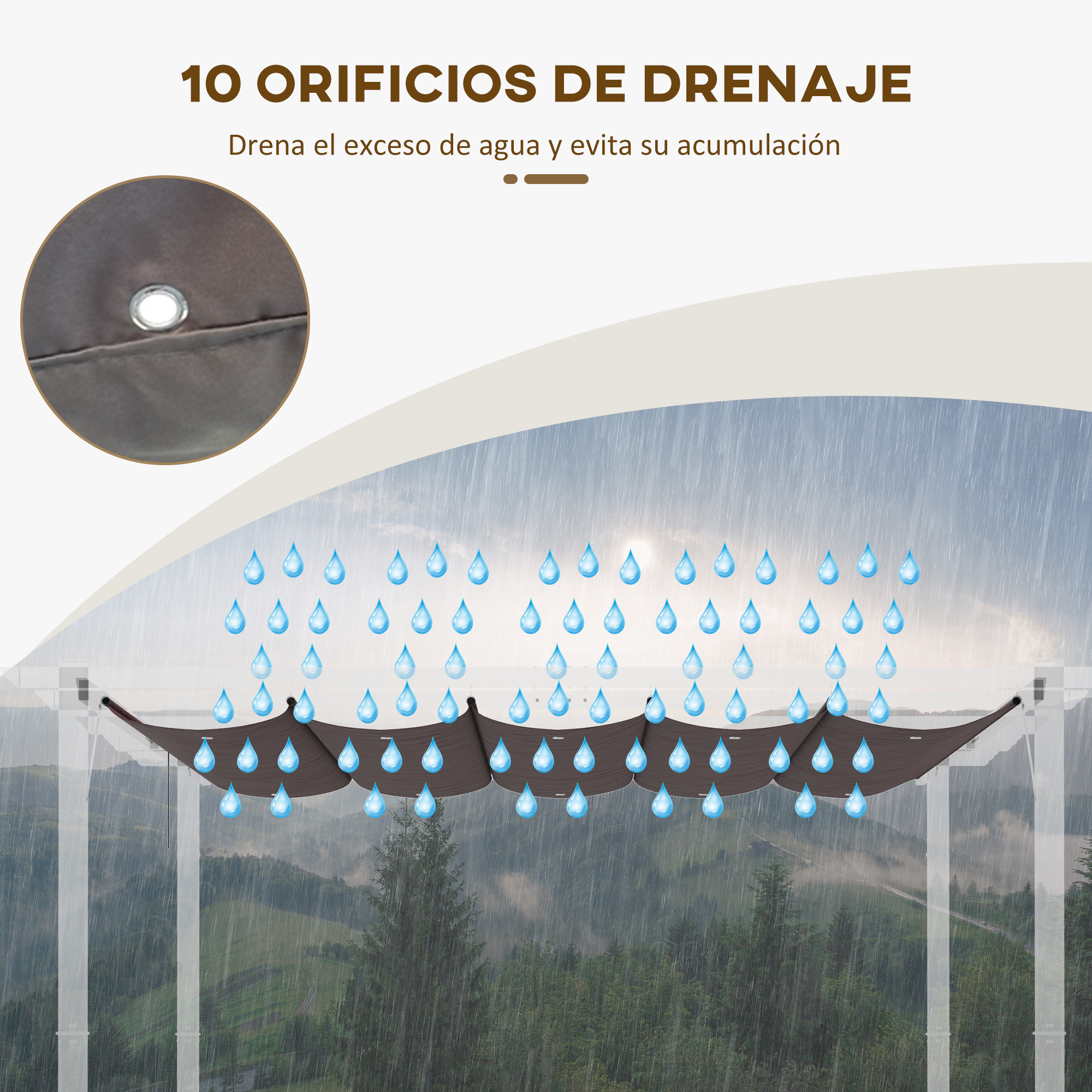 Cobertura retrátil Outsunny para pérgola, 2,5 x 2,55 m, para guarda-sol, toldo de tecido para gazebo de jardim com 10 orifícios de drenagem, cor café.