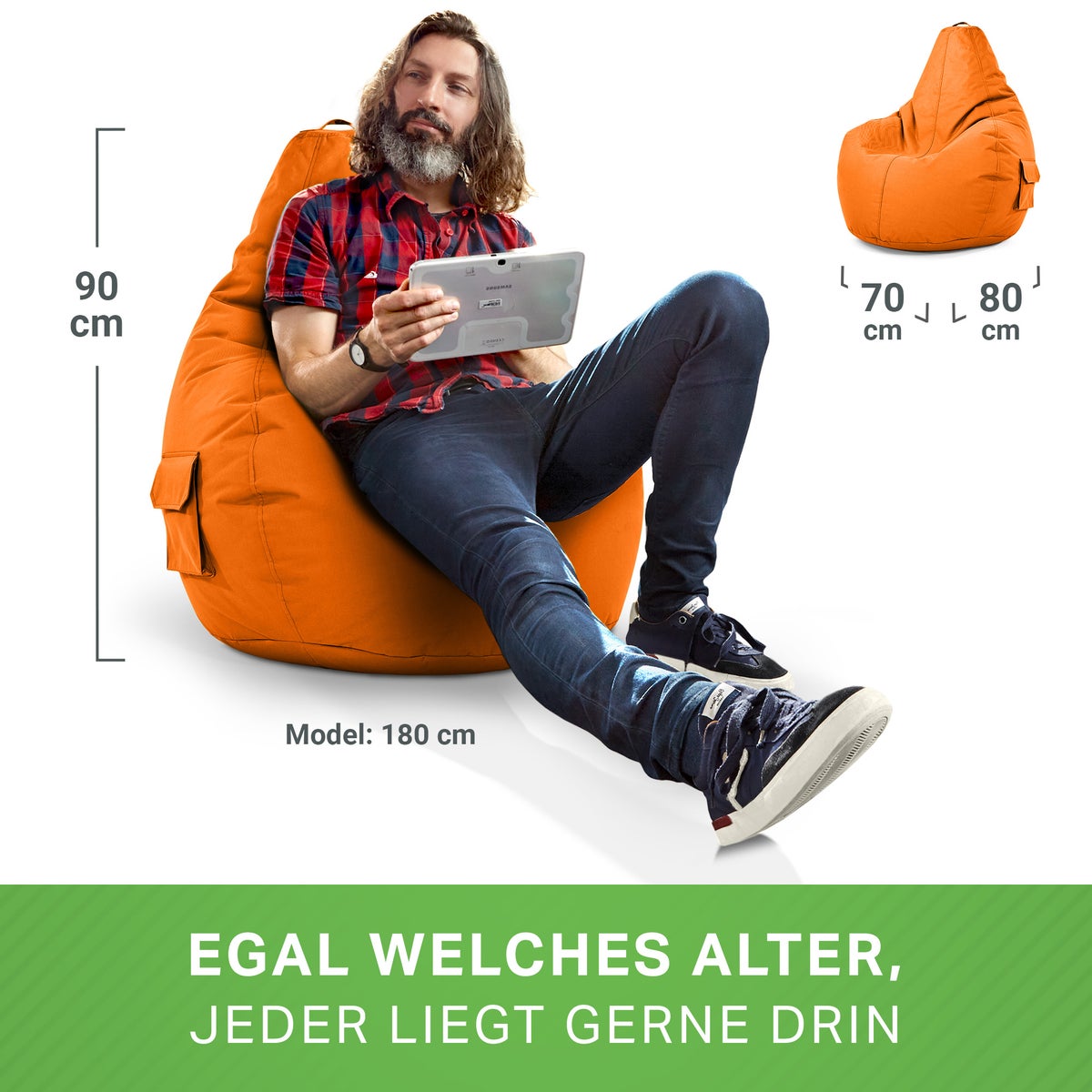Green Bean Zitzak met rugleuning 80x70x90cm - Gaming stoel met 230L vulling, comfortabel, zacht, wasbaar - Zitzak vloerkussen, loungestoel, voetenbank, relaxstoel, gamerstoel, oranje