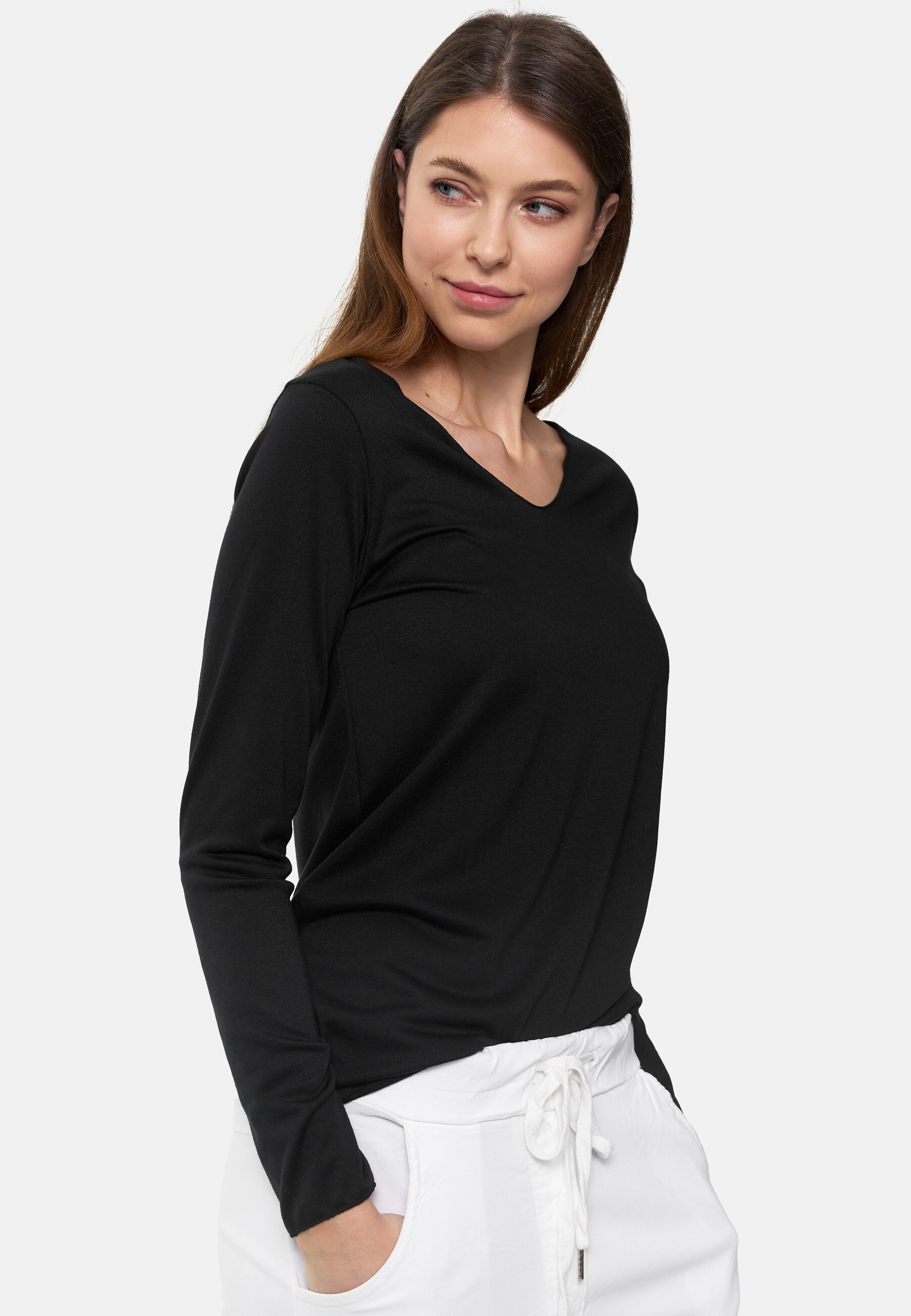 PM SELECTED Damen Longsleeve Legeres Langarm Sommer Shirt mit V-Ausschnitt in Einheitsgröße PM16