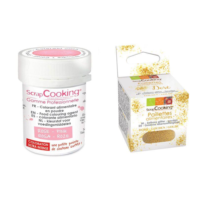 Colorant alimentaire en poudre rose poudré + paillettes dorées Scrapco
