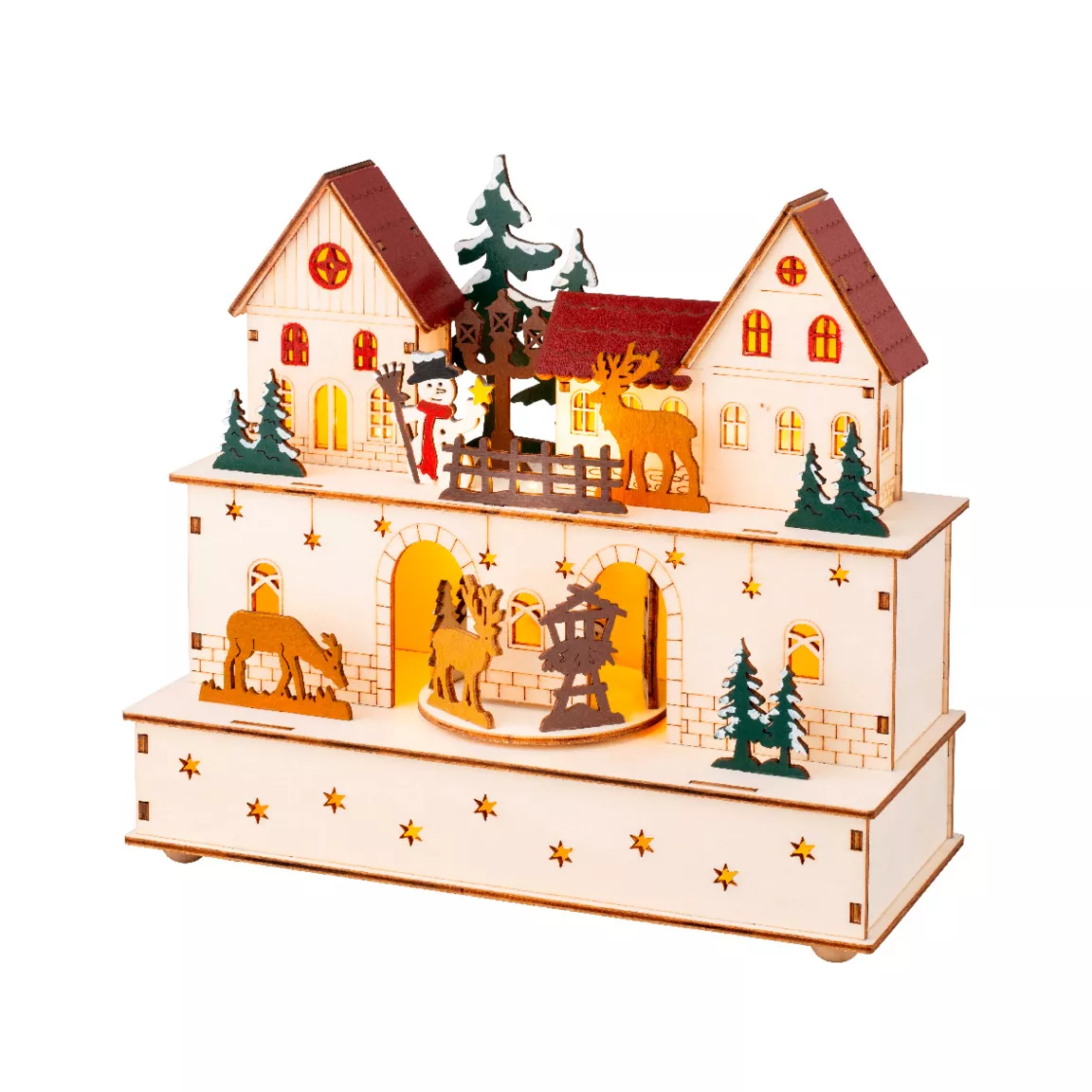 Village de Noël en bois lumineux et musical à piles (24 x H21 cm) Village et animaux