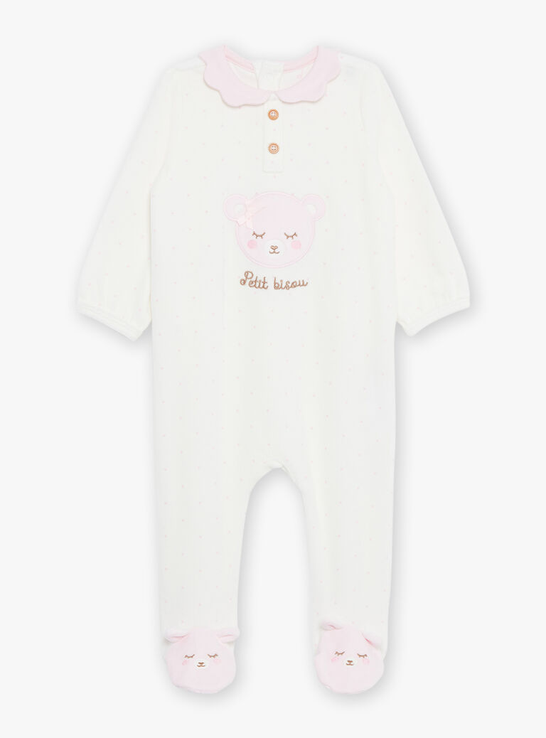 Grenouillère écrue en velours à pois et tête d'ours