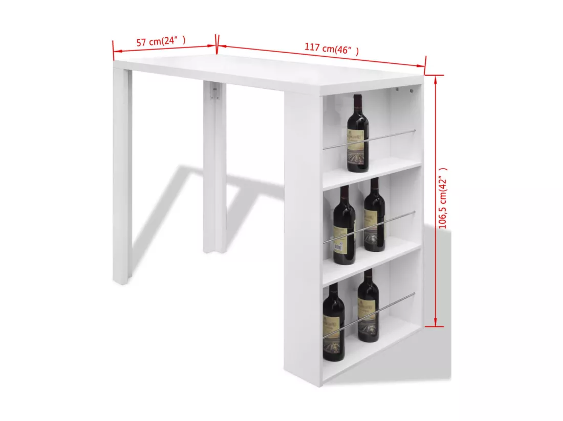 Table de bar MDF avec casier à bouteilles Blanc haut brillance
