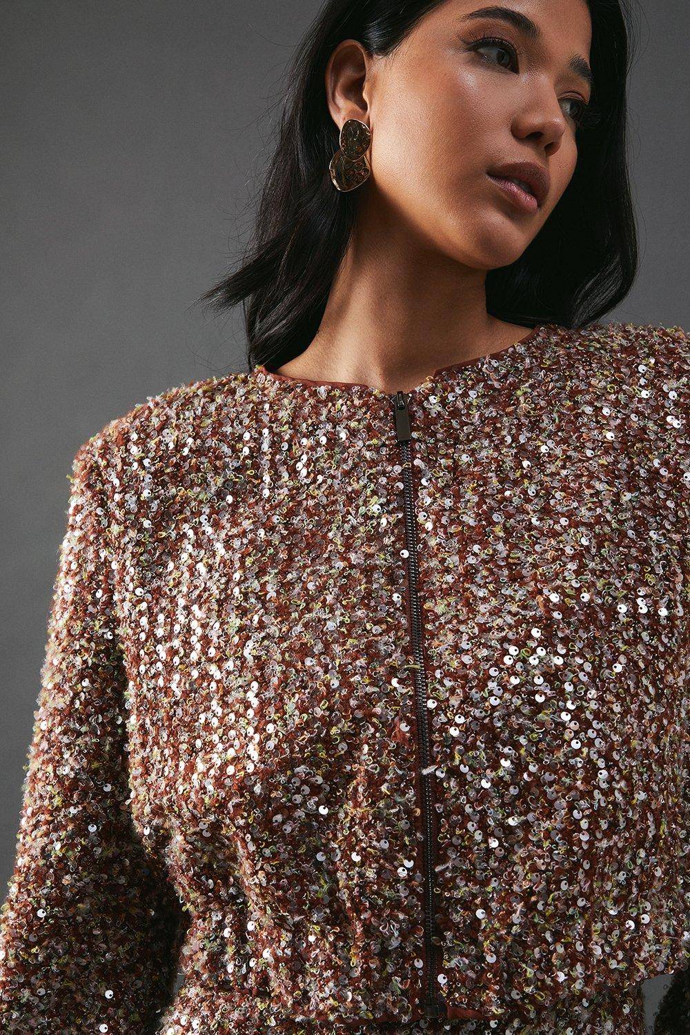 Warehouse Veste Cardigan Bomber à Sequins Bouclé