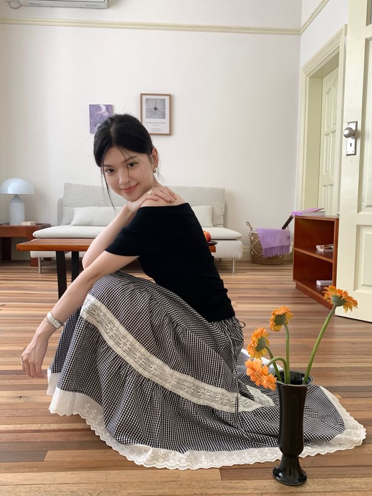 Beem - Hoge taille geruite maxi A-lijn rok