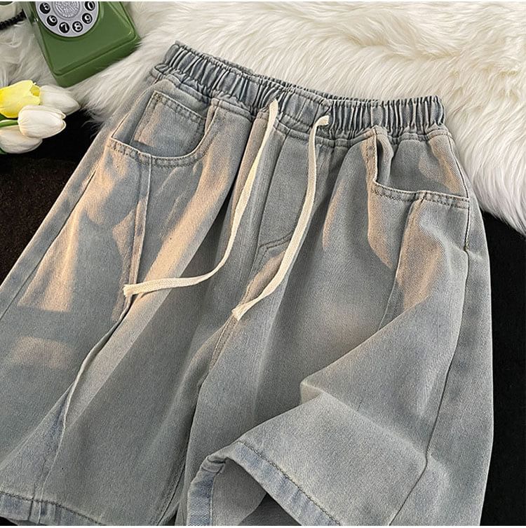 Femilina - Gewassen denim shorts met trekkoordtaille