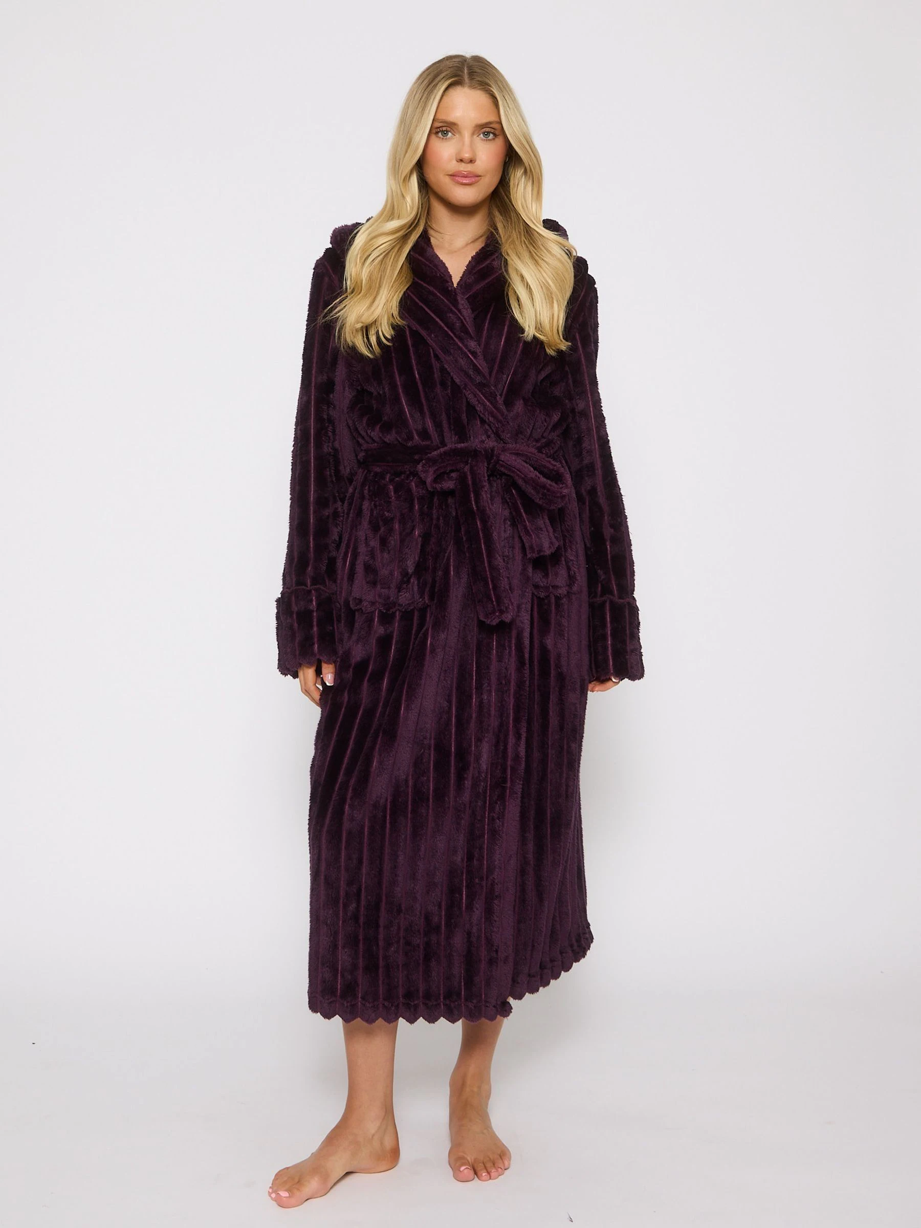 Paars - Loungeable Plush Ridged Fleece Midi Hooded Dressing Gown