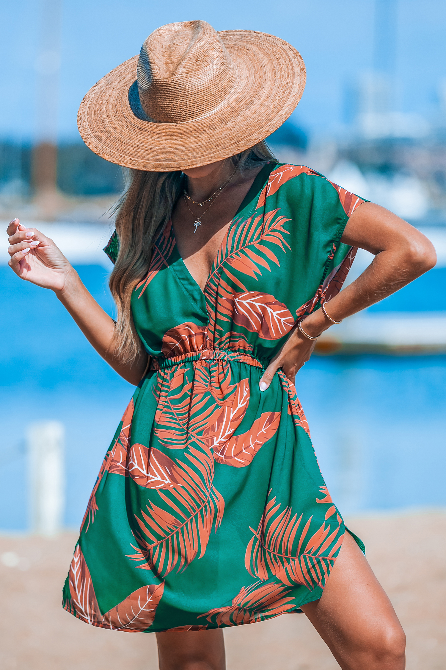 Robe cover up mini avec col plongeant vert et orange