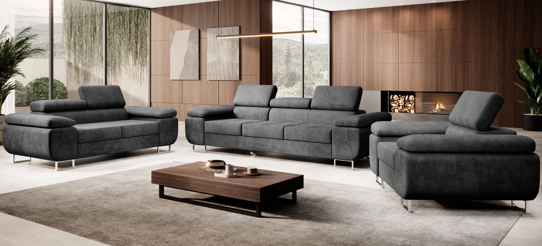 M-Punk Polstergarnitur Miami 3-2-1 Samtstoff Grau Anthrazit mit Bett Kopfteilverstellung Bett Sofa Schlafsofa Wohnlandschaft