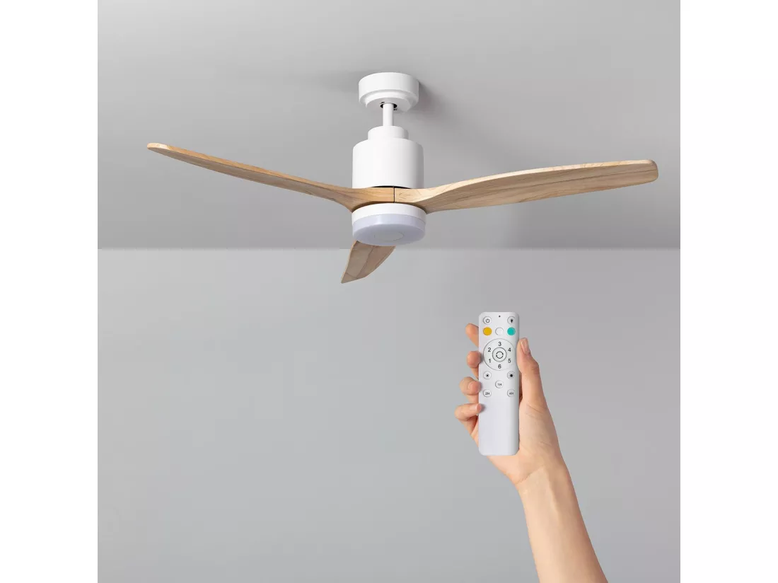 Ventilateur de Plafond Silencieux Mersin Bois & Blanc 132 cm Moteur DC Télécommande Avec lumière