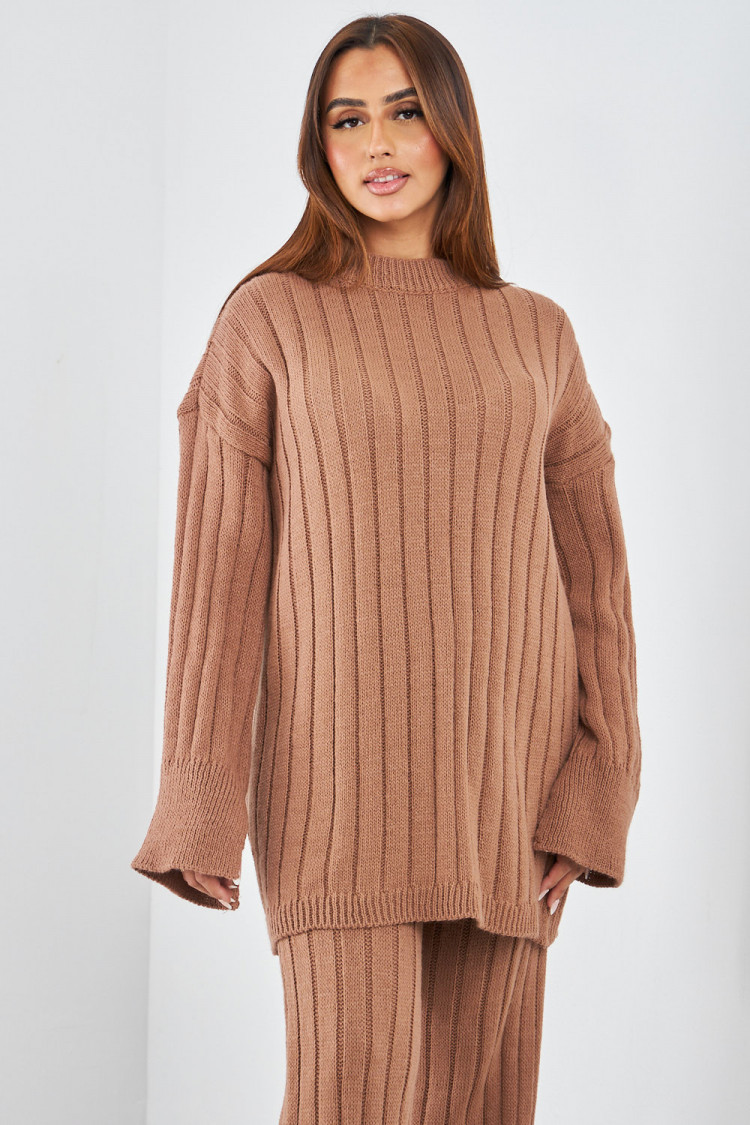 Ensemble 2 pièces pull long + pantalon en laine marron