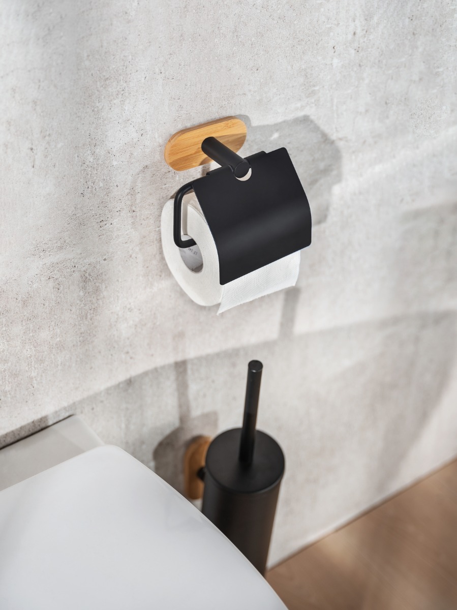 Wenko Orea Turbo-Loc Bamboo toiletrolhouder met klep zwart mat
