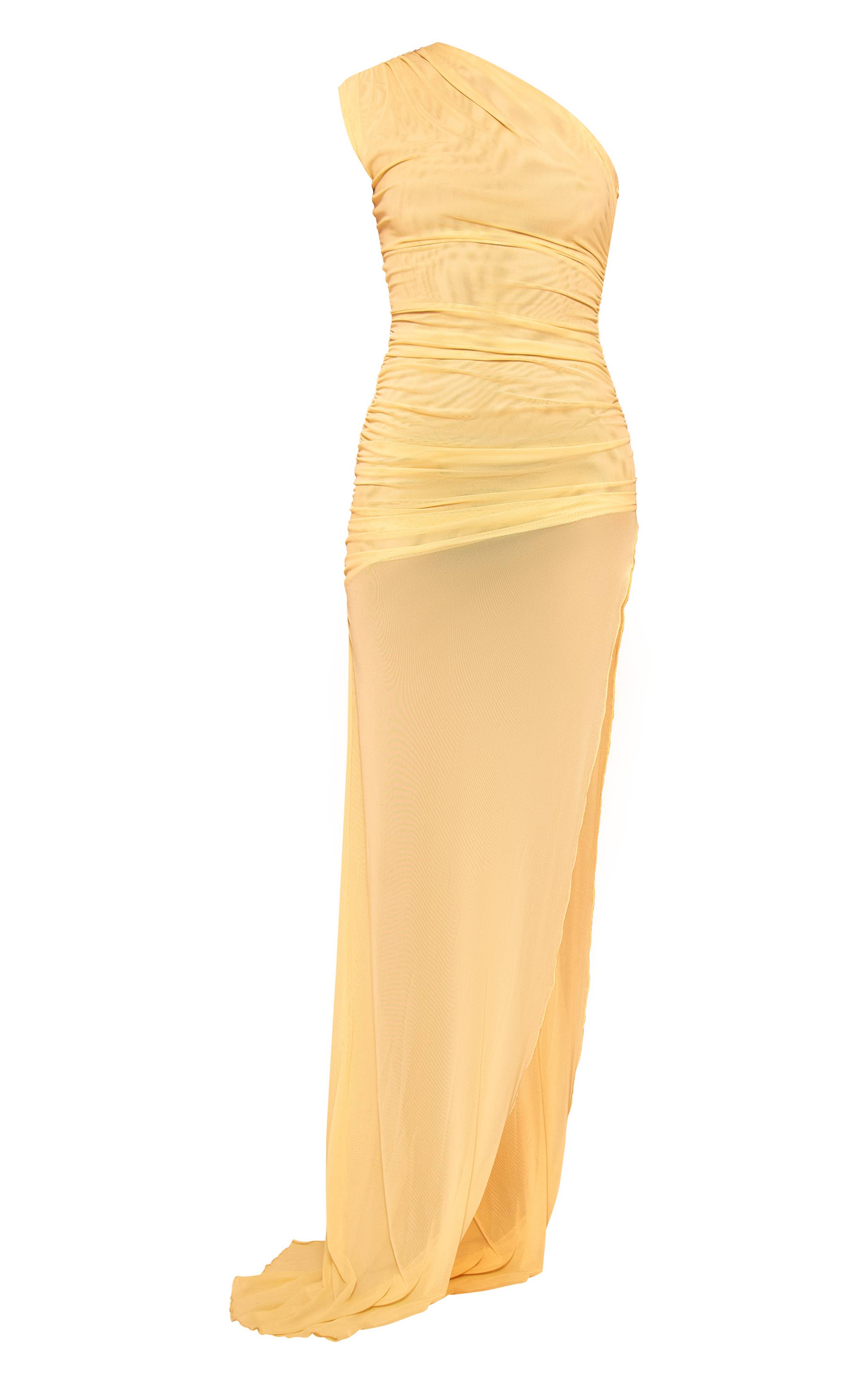 Robe Longue Moulante En Mesh Froncée Asymétrique Avec Fente Sur La Cuisse