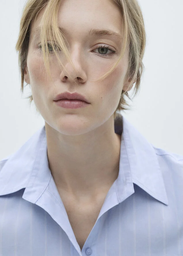 MANGO Gathered details cotton shirt Lt-pastel blue