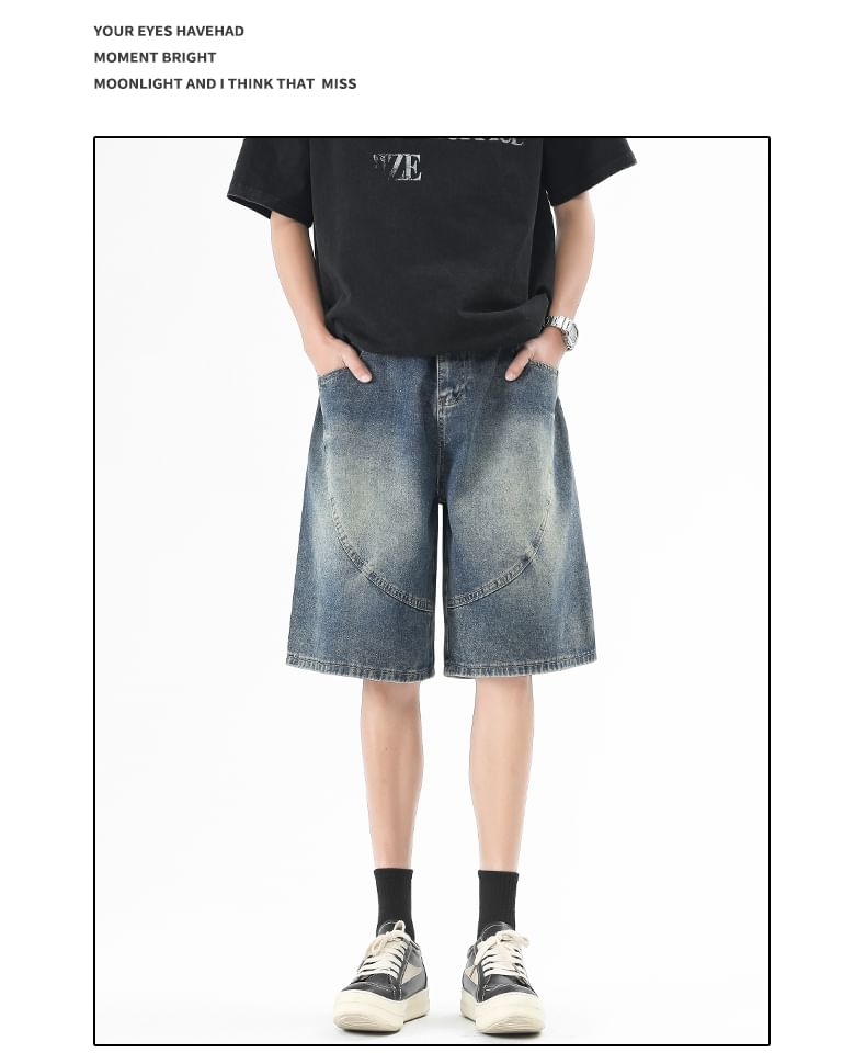AXEN - Mid Rise Washed Panel Denim Jorts