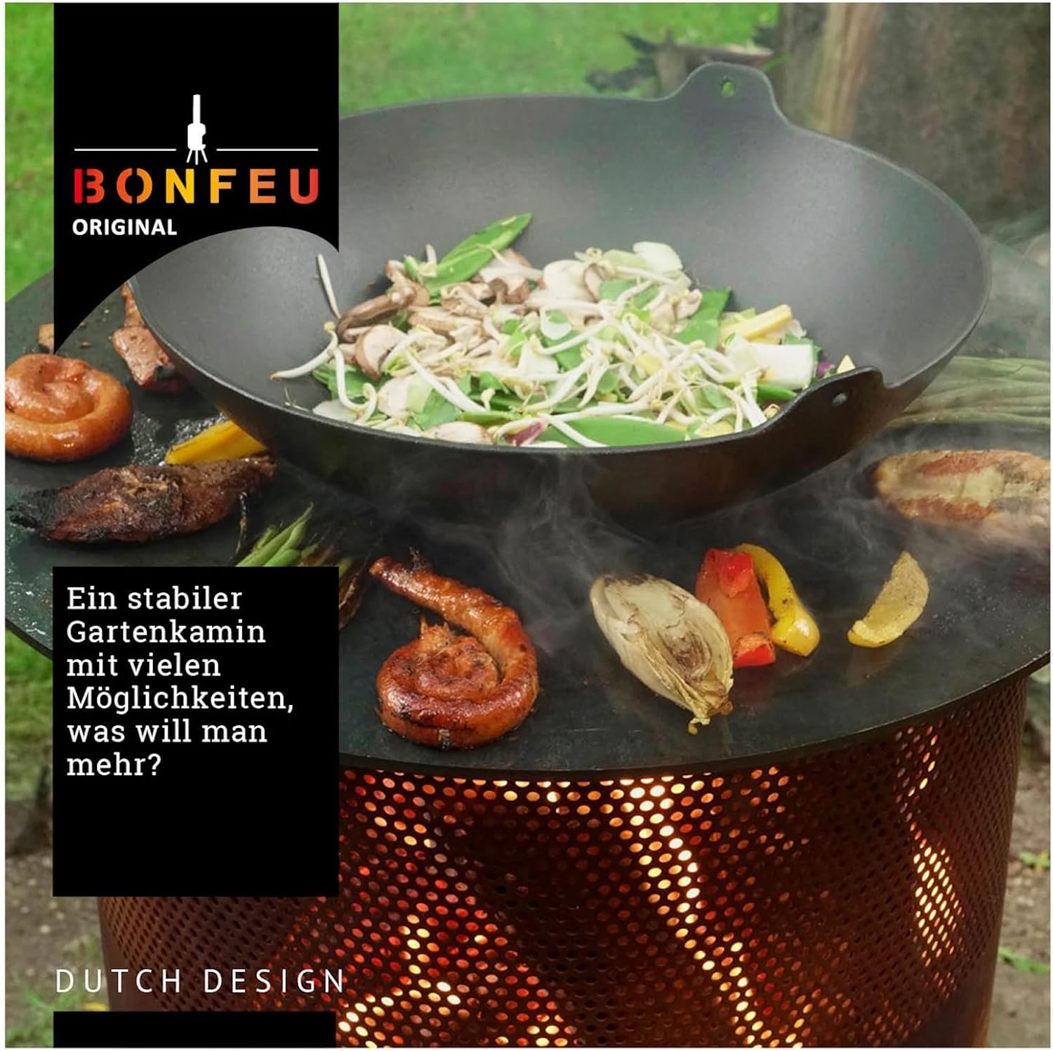 BonFeu Bonves Ø 45cm Rost - Feuerkorb für den Garten - Feuertonne & Feuerstelle - aus stabilem Stahl - Mit Grillrost & Schürhaken zum Kochen - Feuerkorb mit Grillrost