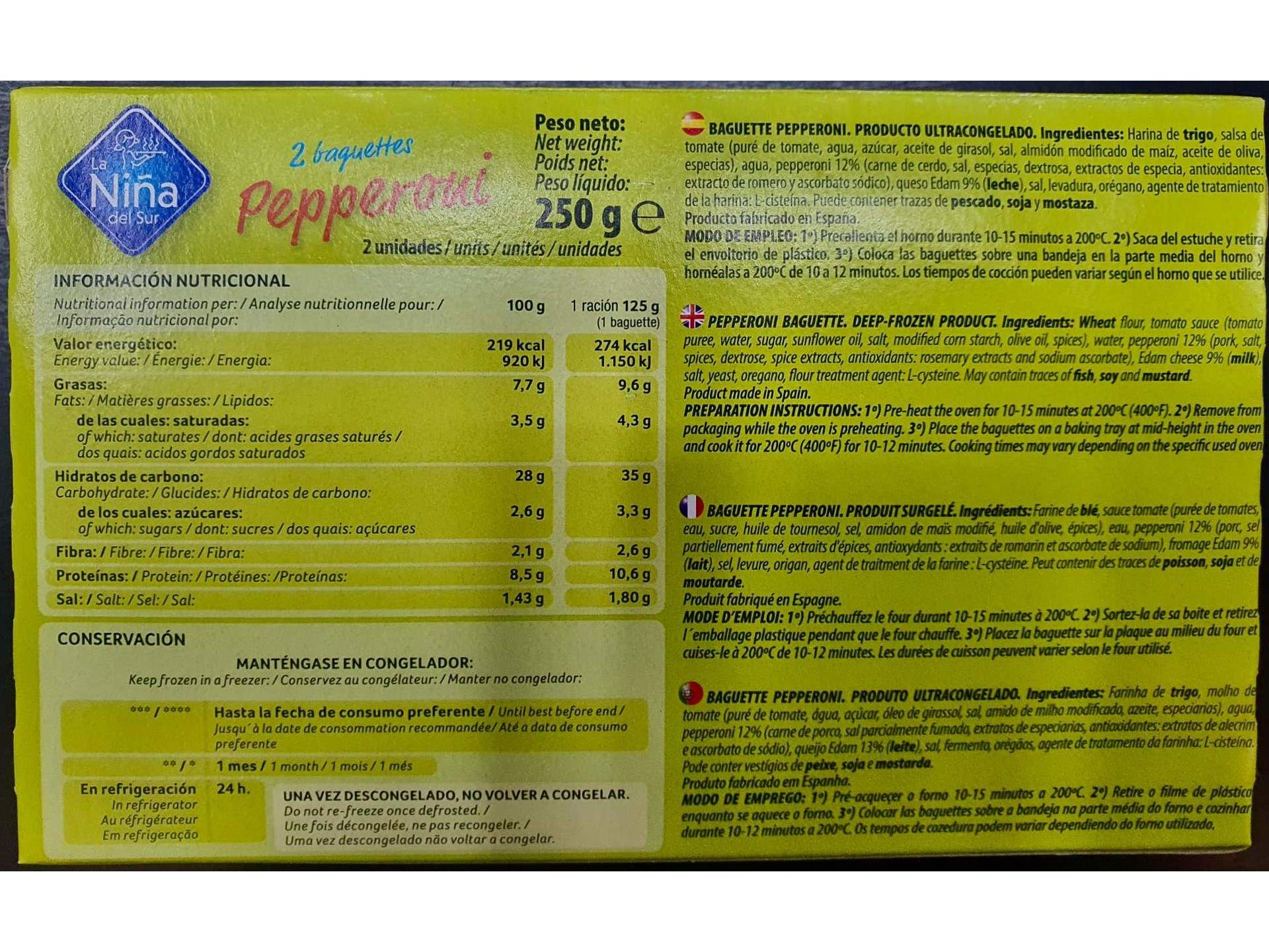 BAGUETE LA NIÑA DEL SUR PEPPERONI 2UN 250G