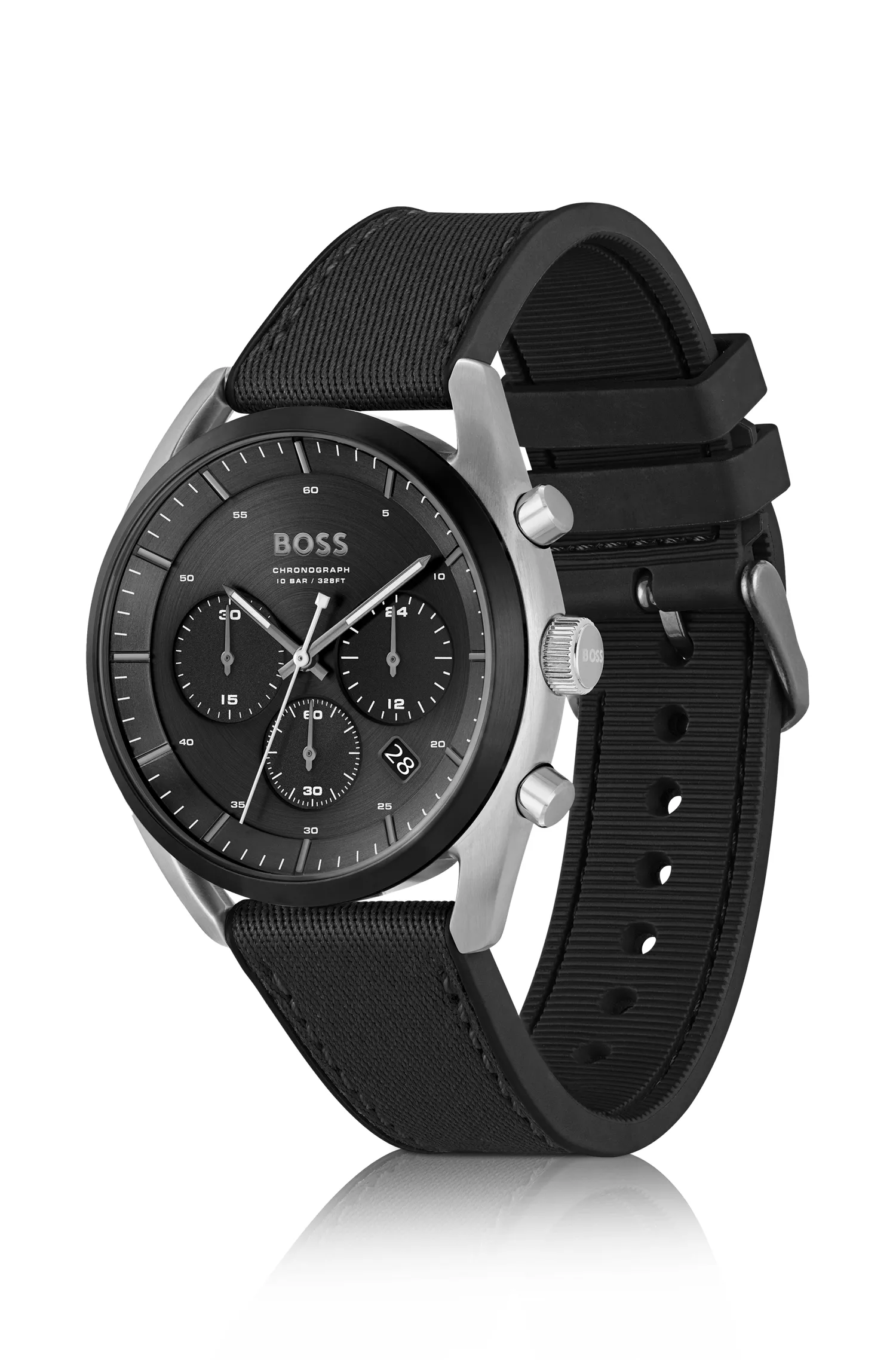 Relógio cronógrafo BOSS com mostrador preto e pulseira de tecido de silicone.