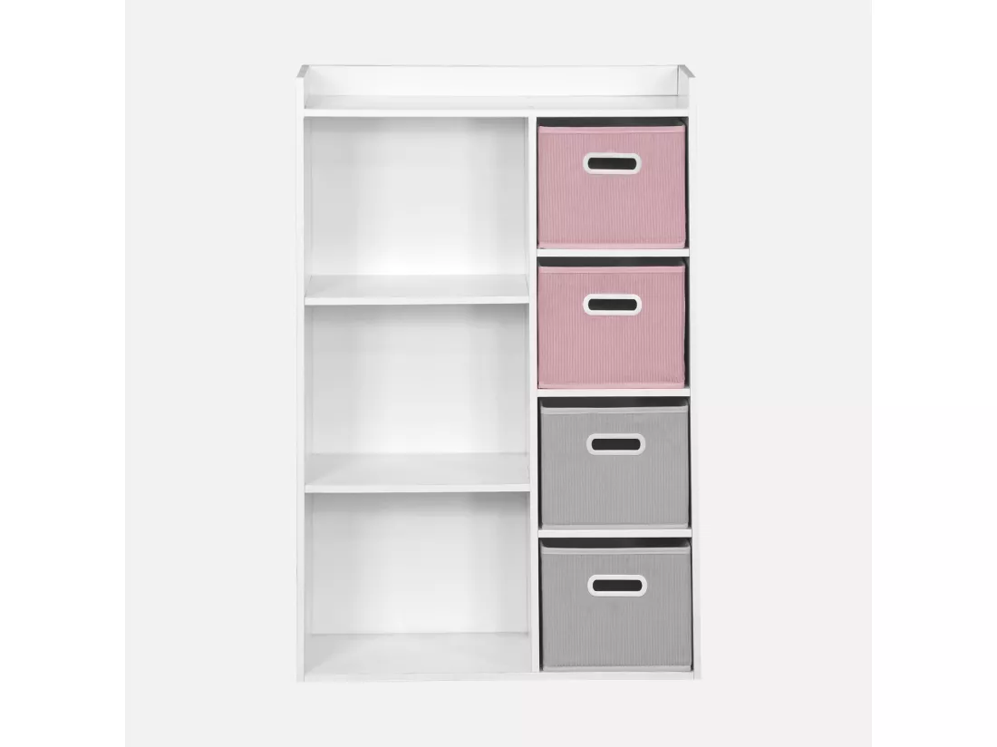 Meuble de rangement pour enfant avec 7 compartiments et 2 paniers roses et 2 paniers gris en velours