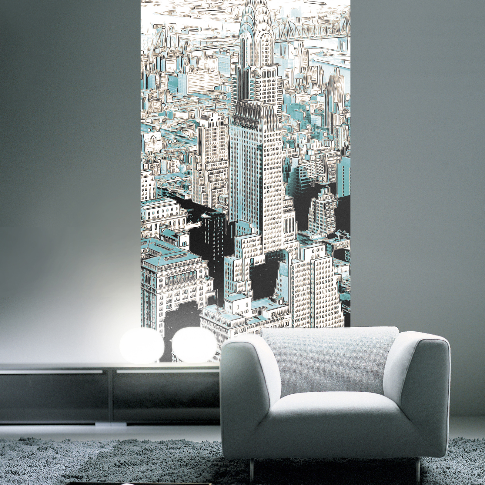 Vlies-Fototapete GOTHAM - türkis-schwarz-weiß - 200x250 cm