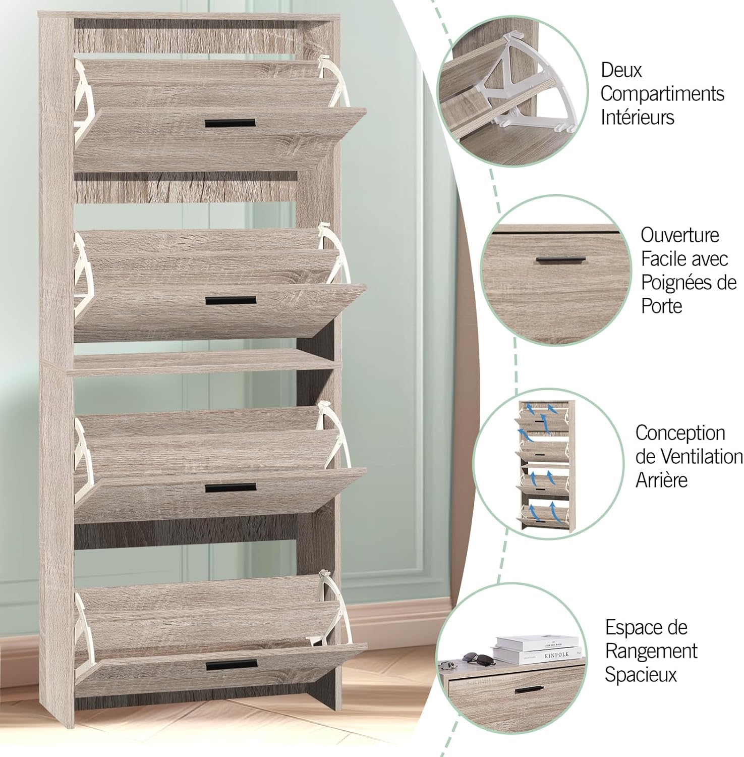 CASABEL Schuhschrank für 24 Paar – Schrank mit großem Fassungsvermögen für Eingangsbereich, Flur – L 60 x T 24 x H 150 cm – helles Holz