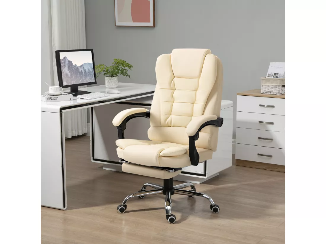 Fauteuil de bureau fauteuil manager grand confort réglable dossier inclinable repose-pied revêtement synthétique crème